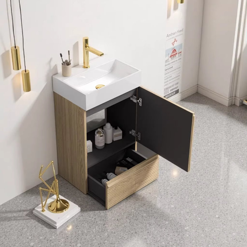 Meuble-lavabo sur pied rayé en chêne clair 20 po Gada avec lavabo en céramique blanc intégré, armoire moderne avec porte à fermeture en douceur et tiroir pour les petites et moyennes salles de bain