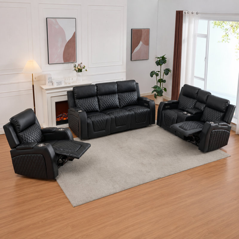 Ensemble de salon inclinable 3 pièces Gainey, Noir