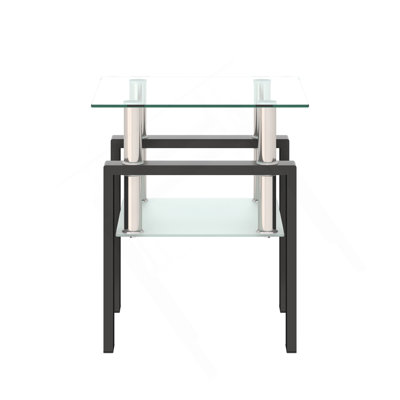 Table de bout de table basse en verre trempé moderne 1 pièce, table carrée pour le salon, transparent / noir