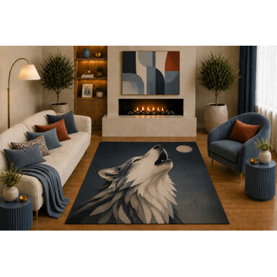 Tapis ultra-léger 152 x 213 cm (5 pi x 7 pi) à motif loup hurlant, art animalier géométrique moderne pour salon, chambre, bureau, chalet, gîte, envers antidérapant en silicone, poils courts