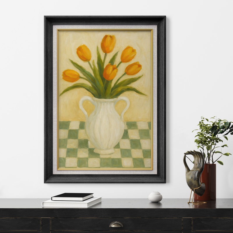 Tulipes jaunes dans un vase blanc sur une table à carreaux, reproduction d'art sur toile encadrée