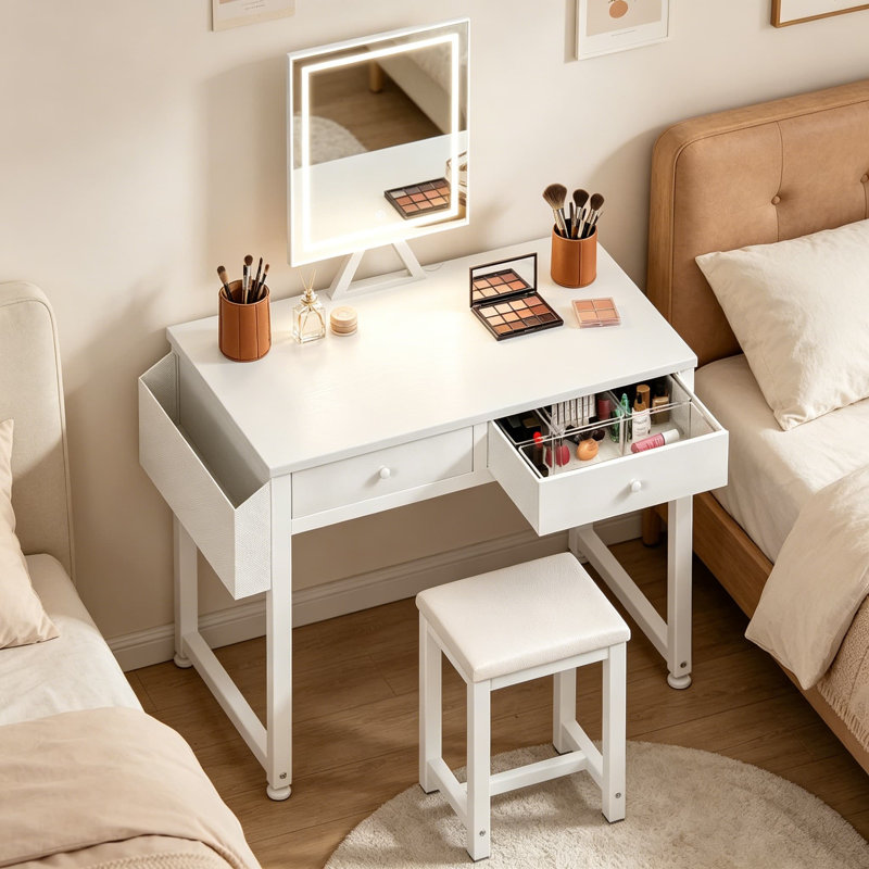 32 Inch Small Makeup Vanity Desk With Fabric Drawers, White Dressing Table With LED Mirror And Light, Vanity Set With Stool And Power Outlet For Bedroom
