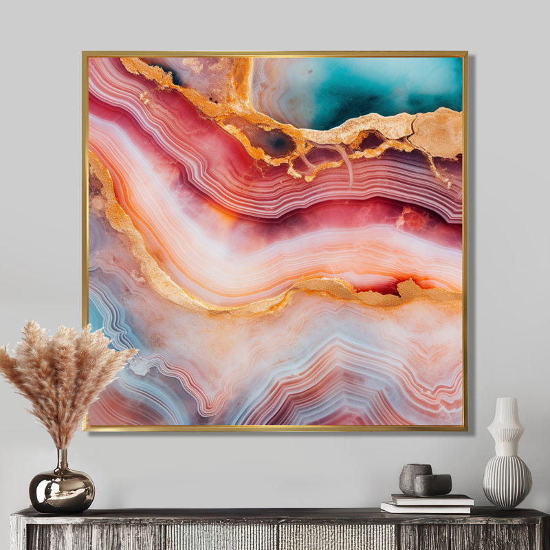 Agate, turquoise, or, rouge, marbre, art mural, salon, Cadre flottant doré, H 36 po x l 36 po