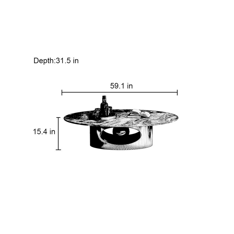 Table basse italienne ovale en pierre micro-cristalline, H 15,4 po x L 59,1 po x l 31,5 po 