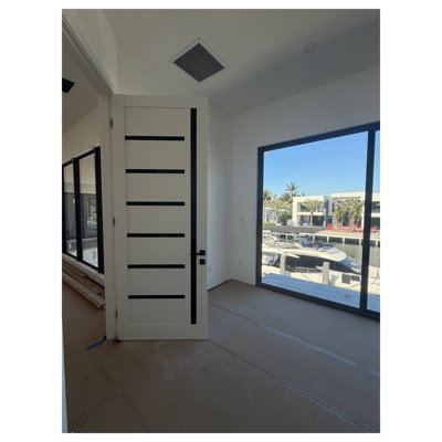 Solid Interior French Quadro 4588 White Silk with Black Glass Single Regular Panel Frame Trims Handle Bathroom Bedroom Sturdy Doors -36" x 84"-Black Glass