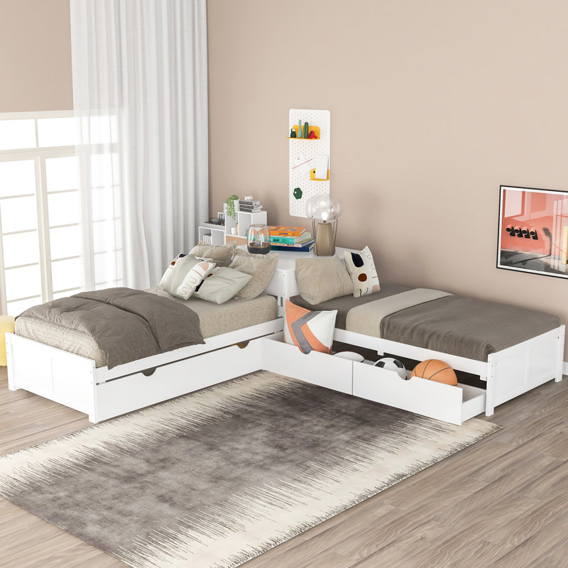 Lit simple en L avec bureau, lit gigogne et tiroirs en blanc - bois de construction, Blanc