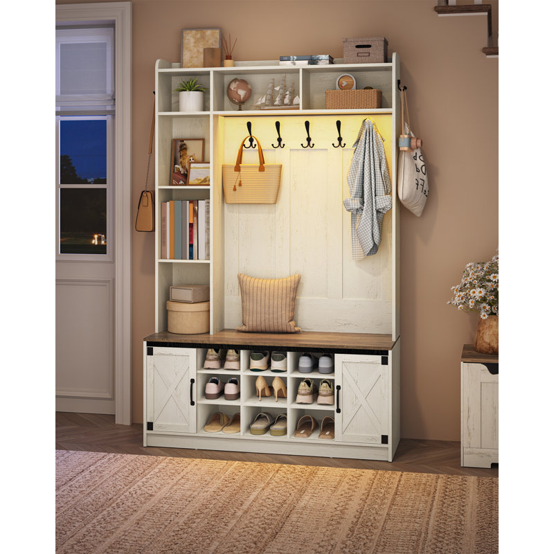 Hall Tree, LED Farmhouse Entryway Storage and Coat Rack Wood, Entryway Furniture with 7 Hooks, Hall Tree with Bench and Storage, 6 Storages Partitions Shoe Bench, Rustic White