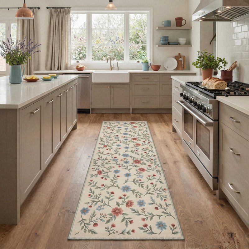 Machine Washable Floral Vines / Oatmeal Grain Indoor Area Rug With Non-Slip Backing, Runner 2' x 7'