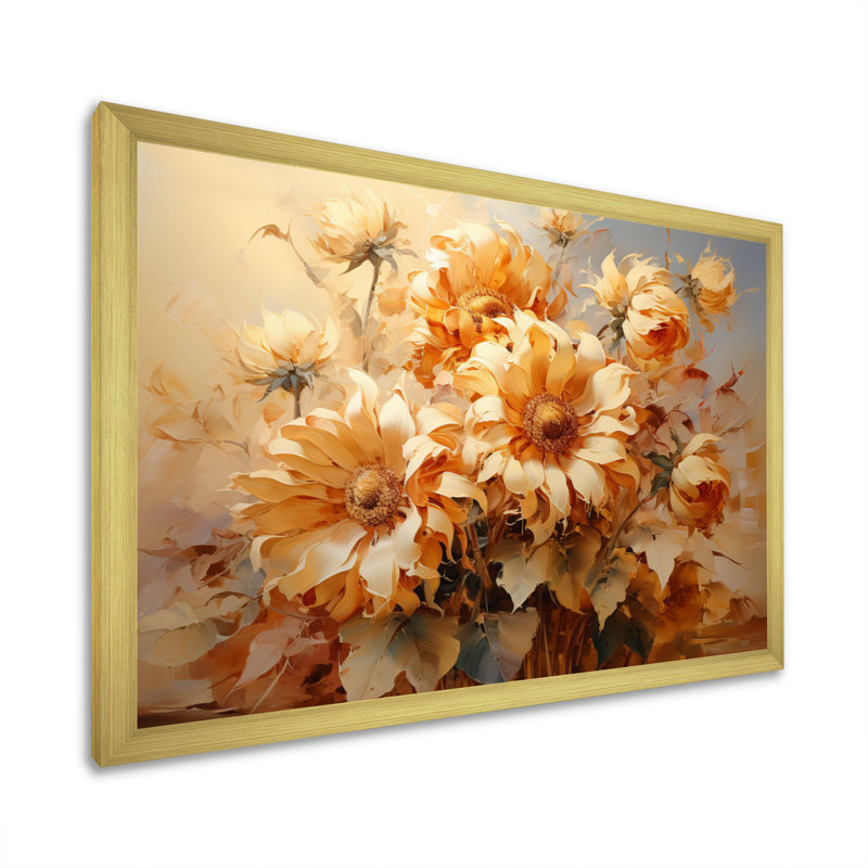 Beige tournesols, impression romantique I - impression, Encadrement doré, H 30 po x l 40 po x P 1,5 po