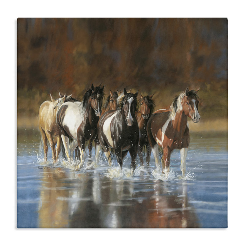 Rivière et chevaux, art mural sur toile par Victoria Schultz, H 30 po x l 30 po