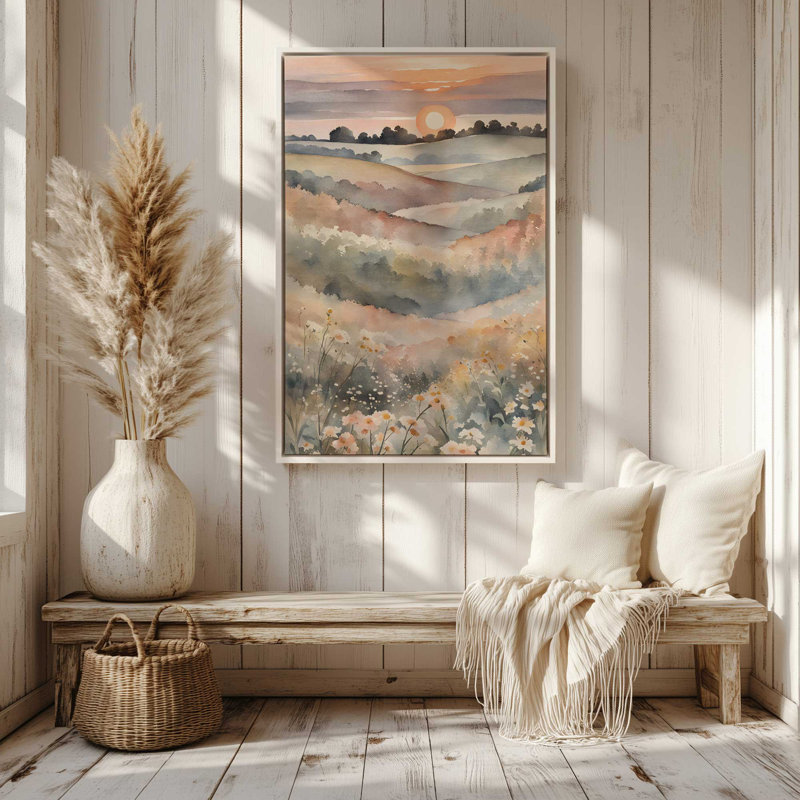 «Sunset in Blooming Valley I», toile roulée, Cadre flottant noir satiné, H 36,75 po x l 24,75 po x P 1,75 po