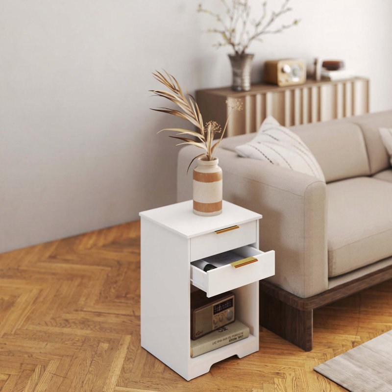 Table de chevet moderne avec 2 tiroirs, espace ouvert et poignées dorées