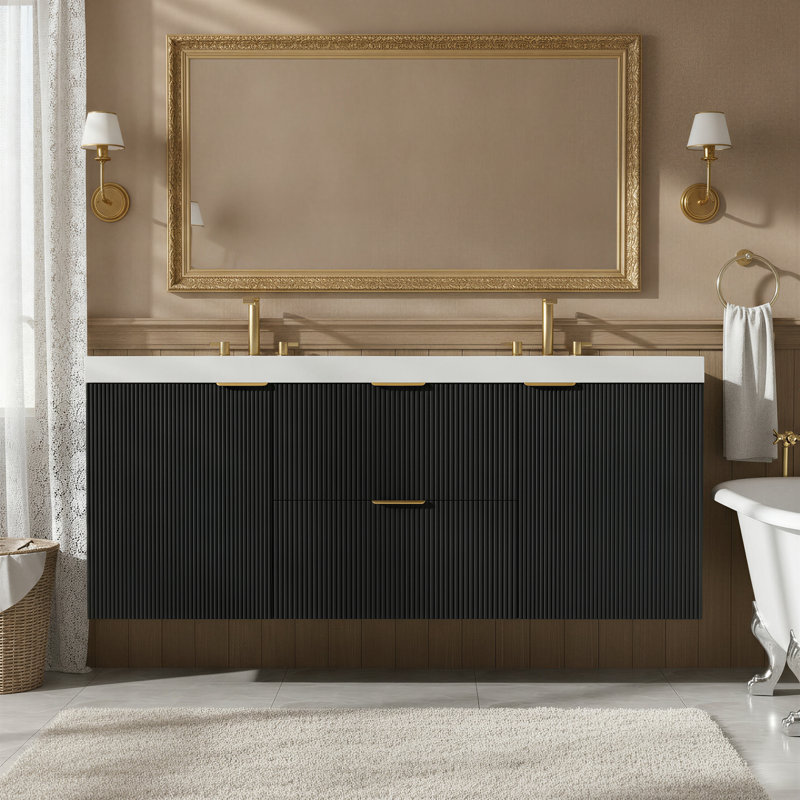 Meuble-lavabo double vasque de 150,6 cm (59,3 po) avec comptoir en SMC, armoire en MDF, tiroirs à fermeture amortie et design mural