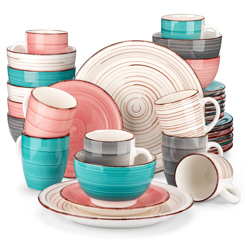 Beige, Salmon, Gray, Blue Ceramic 32-Piece Dinnerware Set for 8