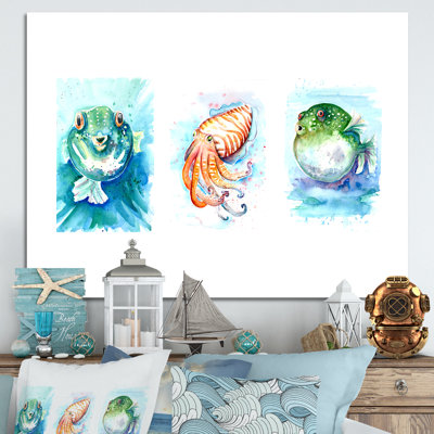Aquarelle, croquis de poissons - art nautique et côtier sur toile