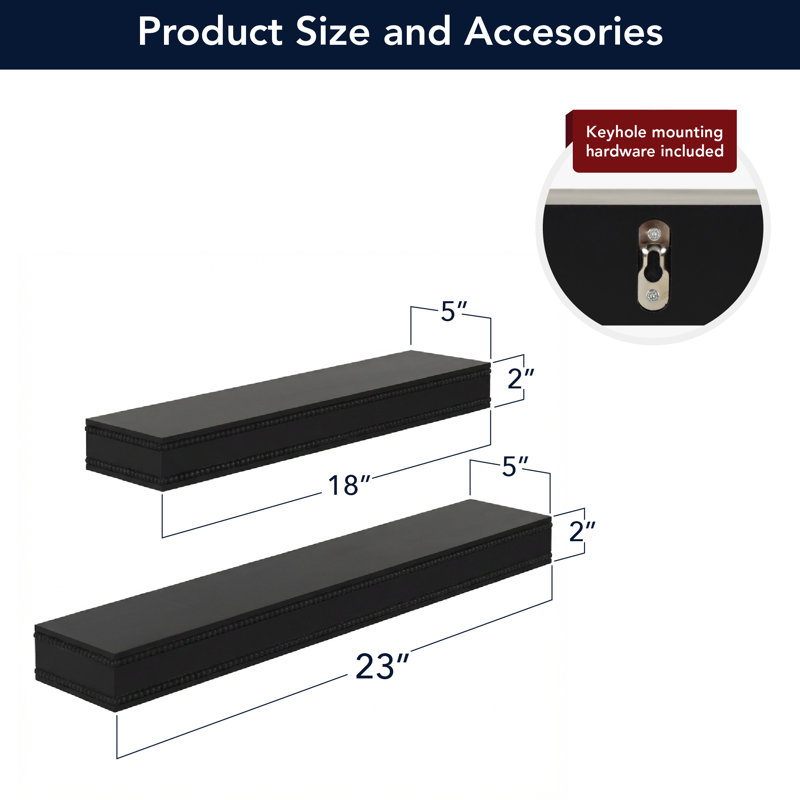 American Art Decor Beaded 2-Piece Floating Wall Shelf Set, Black Shabby Chic, Black