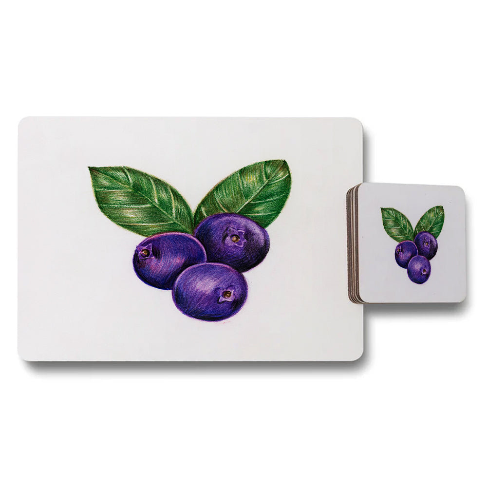 Blueberry Print Placemats And Coaster Set For Dining Table