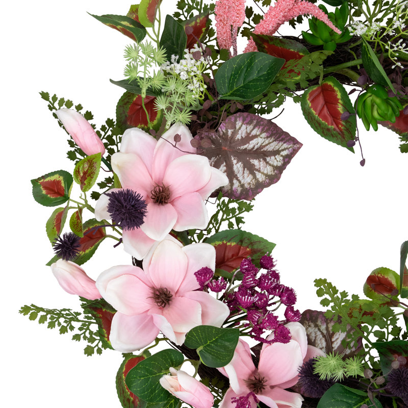 24-Inch Pink and Purple Artificial Spring Floral Wreath with Grapevine Base