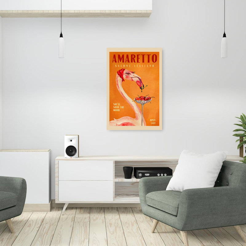 Flamingo Lounge Night Elegant Playful Retro Bird Cherry Flamingo Fruit Summer Wall Art Print 1 Piece Wrapped Canvas Wall Art