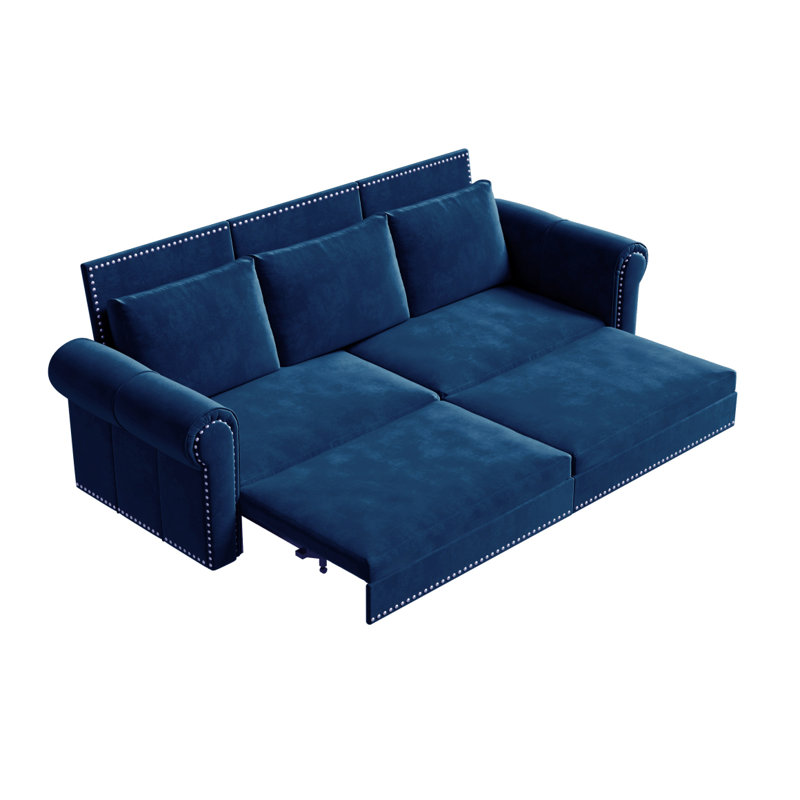 Canapé Chesterfield, canapé-lit gigogne de 93,7 po, canapé-lit convertible en velours 3 en 1 avec garniture cloutée et accoudoirs roulés, canapé-lit multifonctionnel pour salon, chambre à coucher, appartement, bureau, bureau, bleu