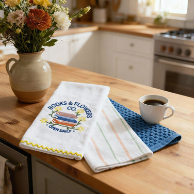 Super Absorbent 3 Pack Cotton Tea Towels - Books and Flowers