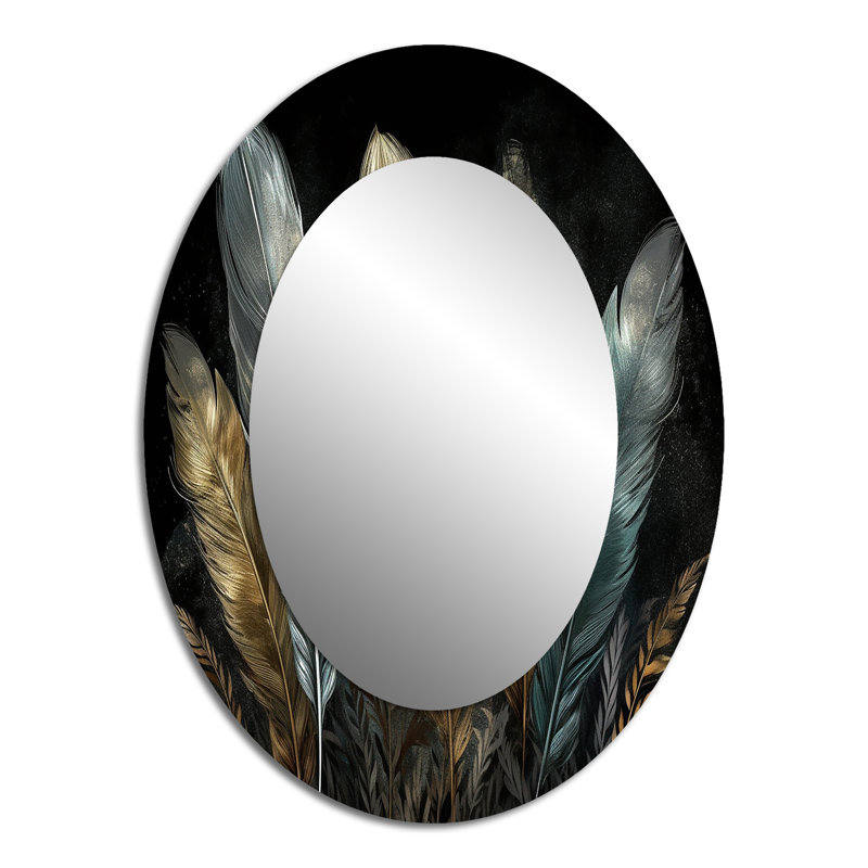 Plumes dorées dorées II - Miroir décoratif floral ovale sur métal, 40 po x 30 po