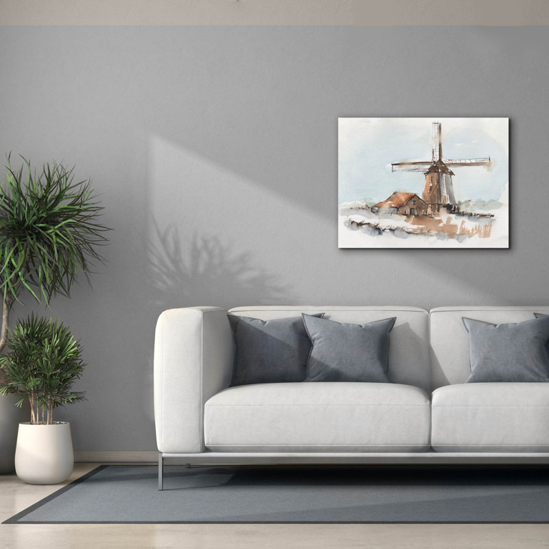 «Windmill Watercolor 1» par Ethan Harper, art mural sur toile, H 26 po x l 34 po