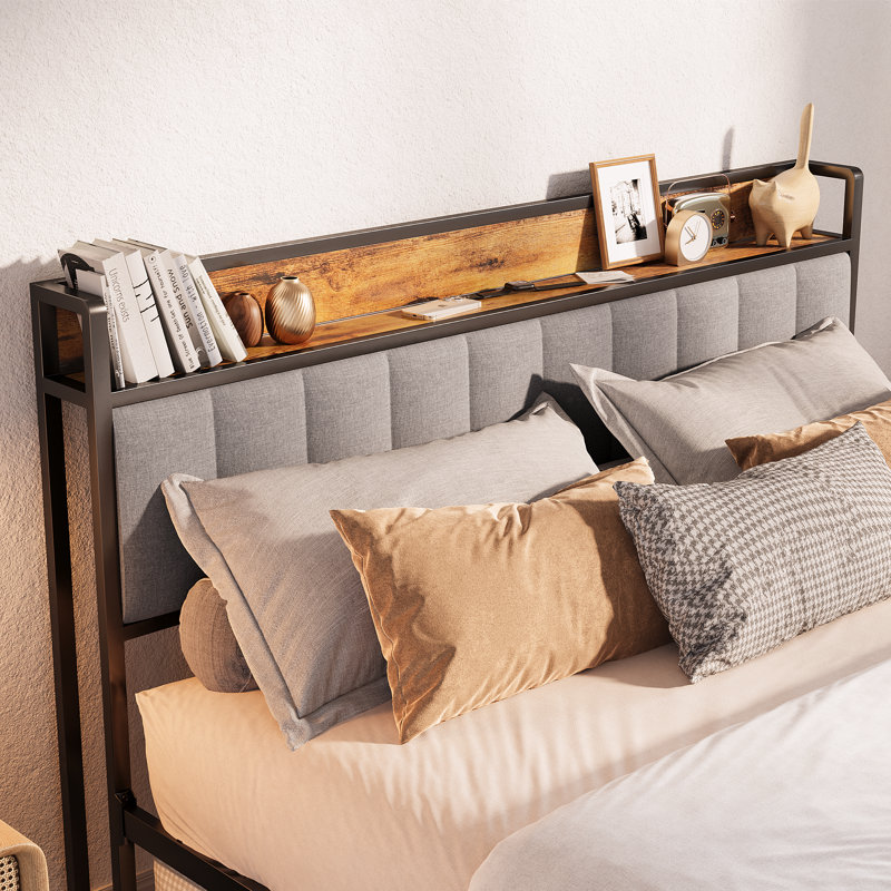 Modern Metal Platform Bed with Linen-Upholstered Storage Headboard & Open Bookcase Shelves – High Leg Design, Full / Double