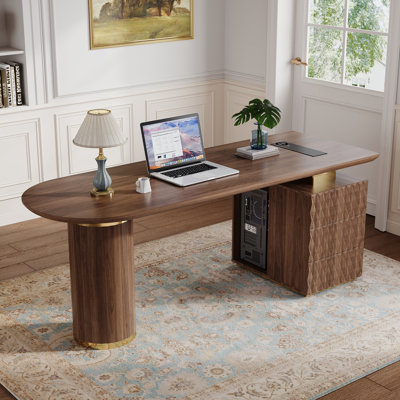 Walnut Wood Desk With Diamond Pattern Drawers Rounded Edge Built-In Power Outlet And CPU Compartment
