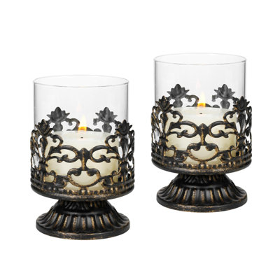 2 Piece Glass Metal Candlestick Set