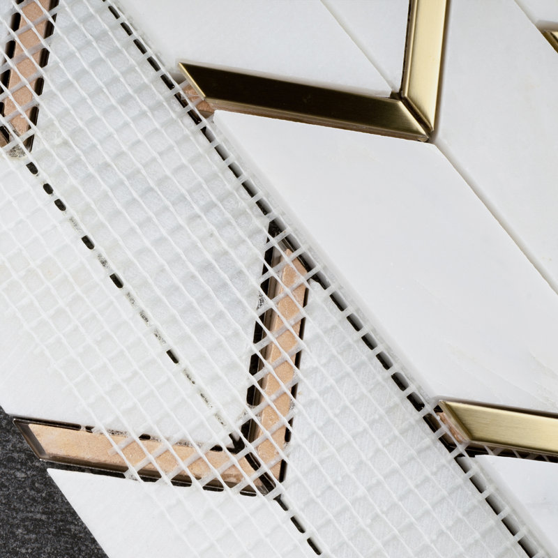 Natural Bianco 1" x 2" Herringbone / Chevron Mosaic Wall Tile, White/Gold