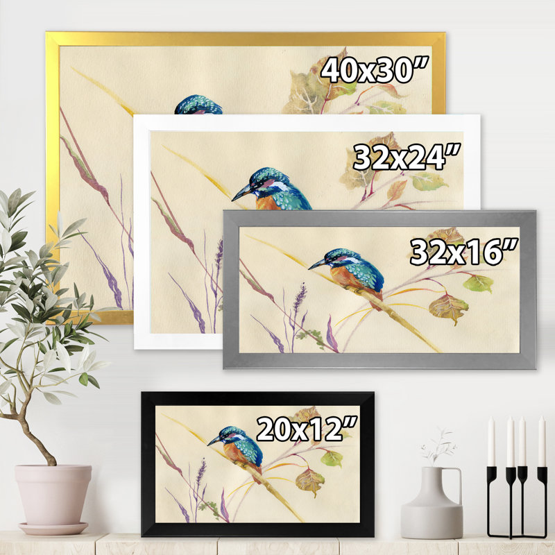 Oiseau martin-pêcheur commun - reproduction sur toile, H 30 po x l 40 po x 1,5 po, Toile encadrée d'or