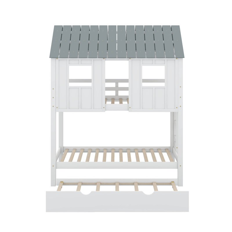Twin Size House Bunk Bed With Trundle,Roof And Windows