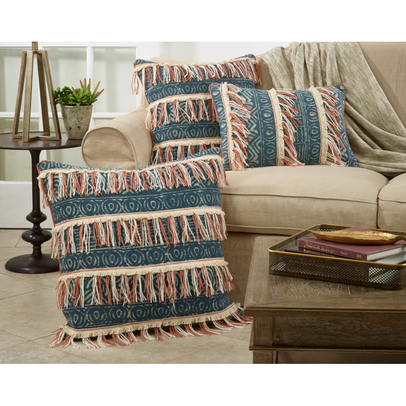 Blue and White Embroidered Fringed Square Pillow