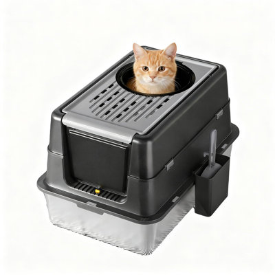 Extra Large Stainless Steel Cat Litter Box – Dual Front & Top Entry, 180° Turn Over-Top Enclosed Design, Leak-Proof, Odor Control, Easy Clean, Anti-Slip Base – For Large or Multi-Cat Households – Deep Black – Size: 60x40x38.5cm