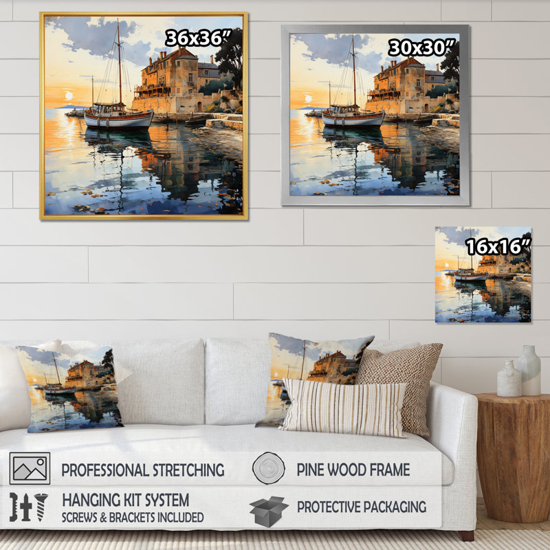Port côtier de la tranquillité III - Nautique et plage, impressions sur toile, H 30 po x l 30 po x P 1 po, Encadrement doré