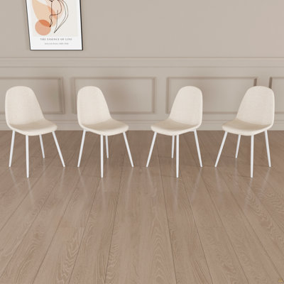 Ensemble de 4 chaises de salle à manger modernes avec siège rembourré en tissu de lin, chaise de cuisine en forme de cuillère avec pieds en métal blancs pour la salle à manger (beige)