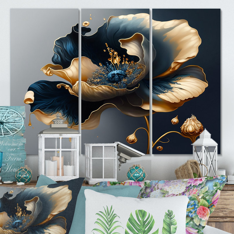Bleu profond et fleur simple II - imprimé 3 pièces, H 28 po x l 36 po, Toile tendue, Sans cadre