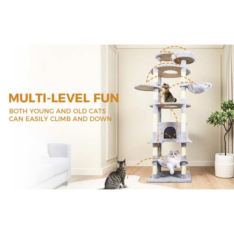Cy13 Grey Cat Furniture - fiable et stable avec des raccords de surmatelas, des poteaux à griffer naturels, 3 condos confortables pour faire la sieste, 2 perchoirs sécurisés, des jouets interactifs Jinging, un processus d'assemblage simple,