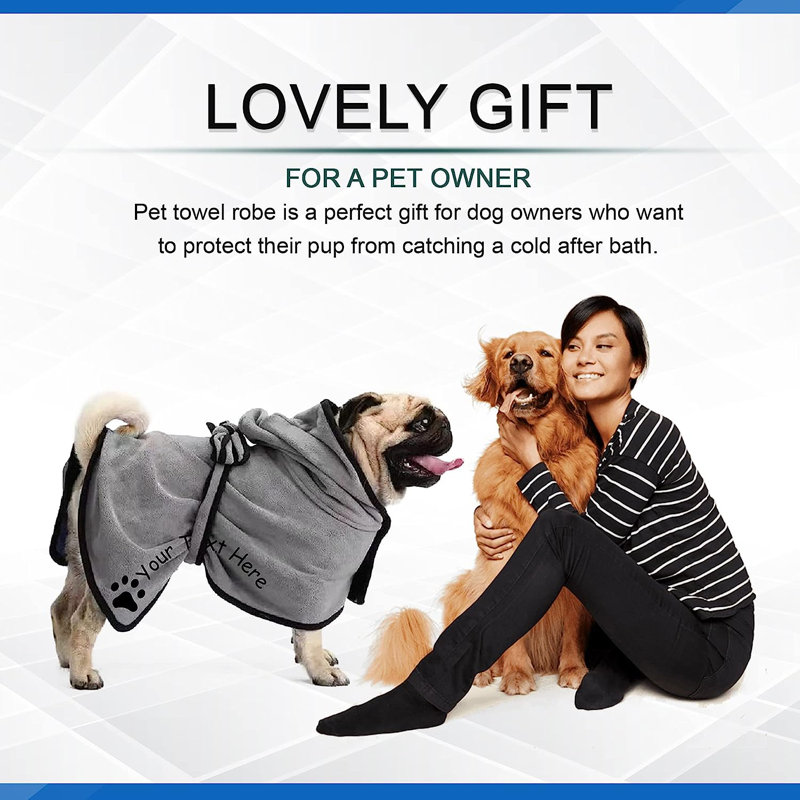 Serviette de bain pour chien avec nom et peignoir pour chien, L, gris, Oui