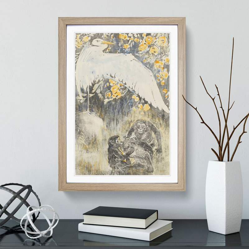 Heron with Three Monkeys by Theo Van Hoytema - Framed Print, 36cm H x 27cm W x 2cm D, Oak Framed