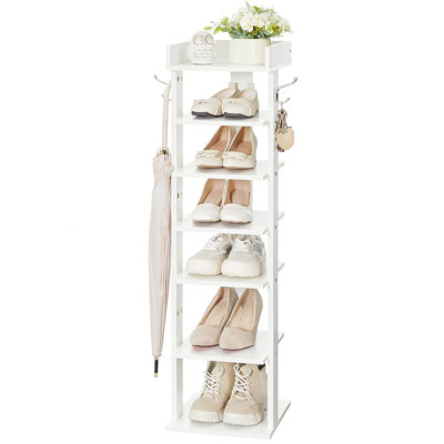 Vertical Shoe Rack for Front Door Entryway, 7 Tier Wooden Shoe Storage Organizer with Hooks, Narrow Shoe Tower for 7 Pairs, Space Saving, for Corner,