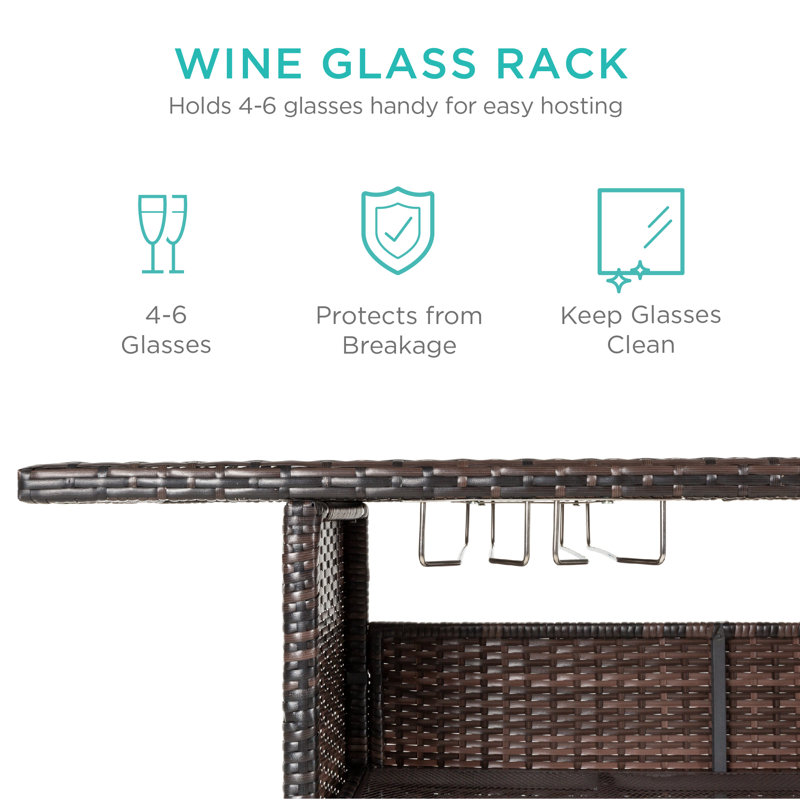 Modern Outdoor Wicker Bar Counter Table with Steel Shelves - Brown