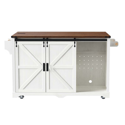 72 Inch Farmhouse Kitchen Island with Fridge Storage(Fridge is not included), Power Outlet, and Rolling Wheels, Featuring Sliding Barn Doors and Ample Organizational Space