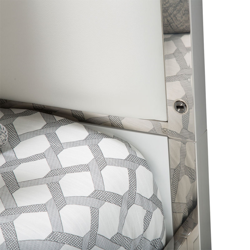 King Satin White Vinyl Upholstered Platform Bed with Metal Frame and Headboard