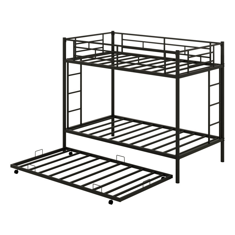 Metal Twin Over Twin Bunk Bed With Trundle, Ladder And Safety Guardrails, Black