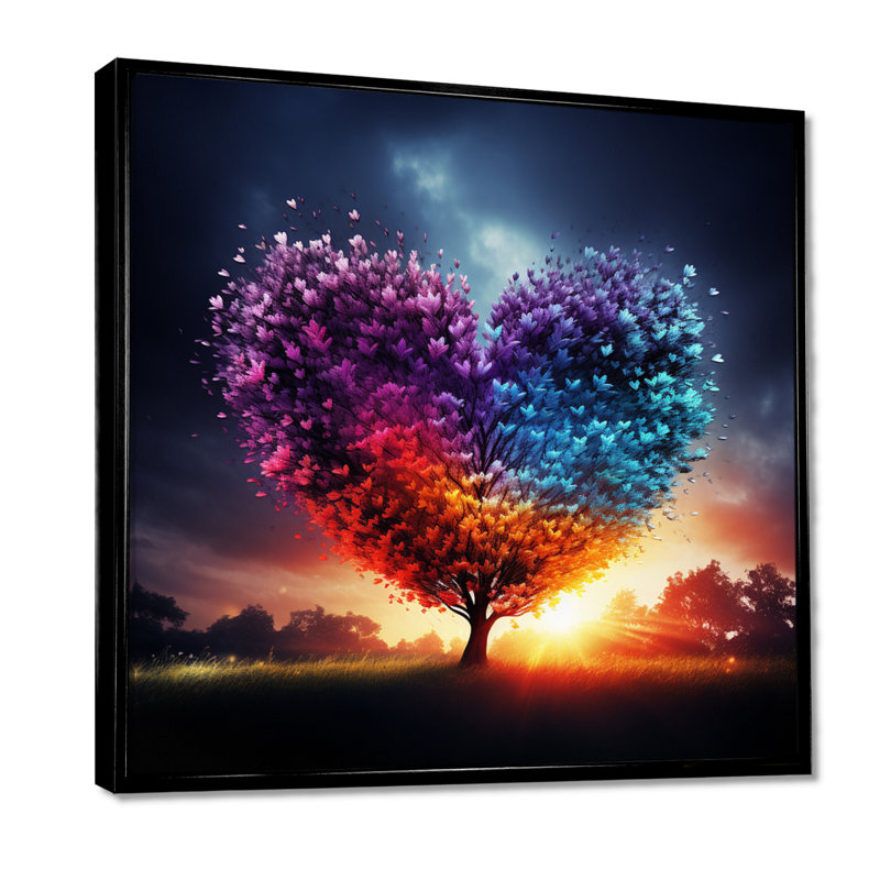 «Blossoming Tree Heart Glorious Sunset», reproduction d'art murale arbre, Toile avec cadre flottant noir
