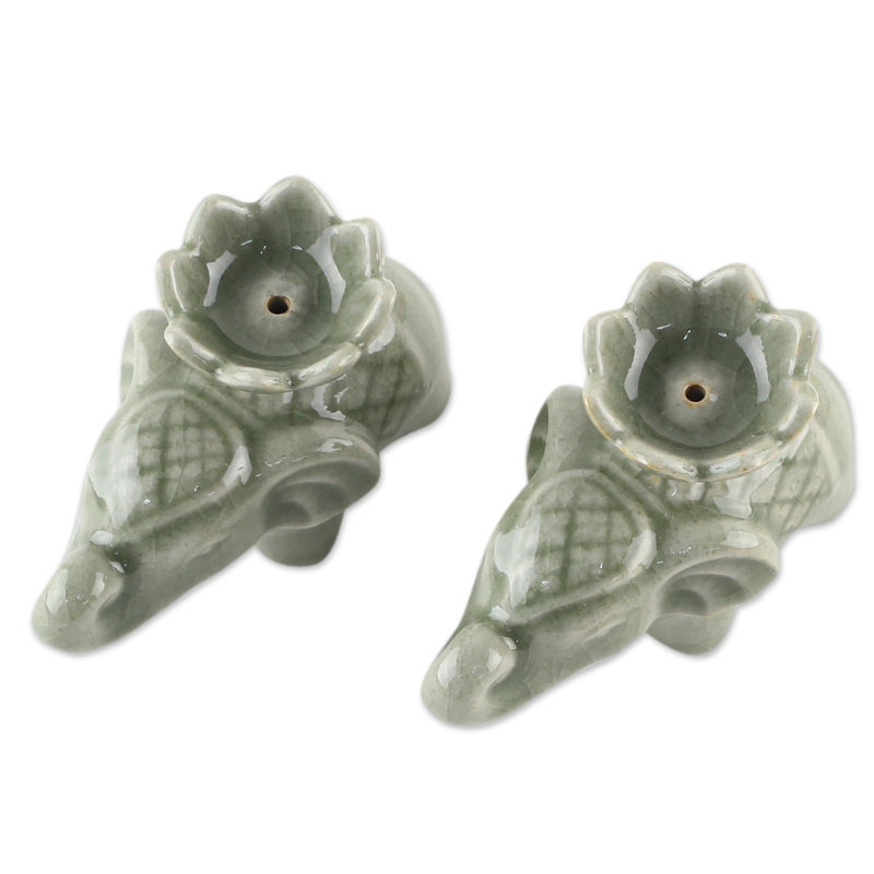 Porte-photophore en céramique lotus éléphant celadon