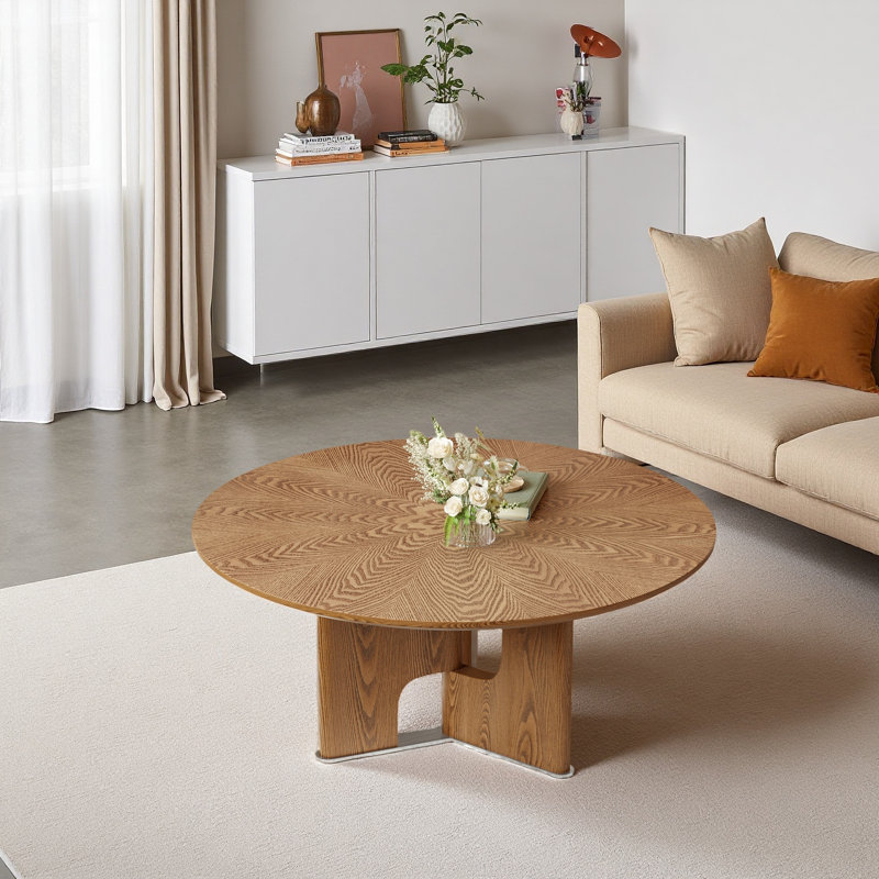 Table basse 31,5 pouces ronde en placage de bois de frêne rustique pour petit salon