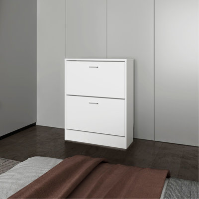 Armoire à chaussures Ozzy, 2 portes basculantes, conception mince, supports internes, style moderne, blanc
